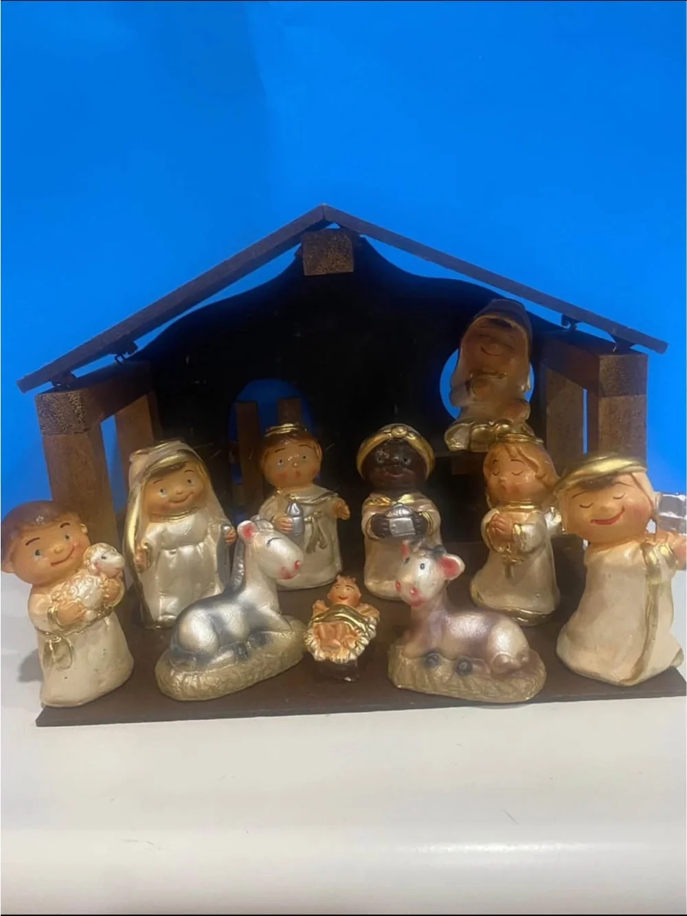 Vintage sears kids nativity set with wooden manger